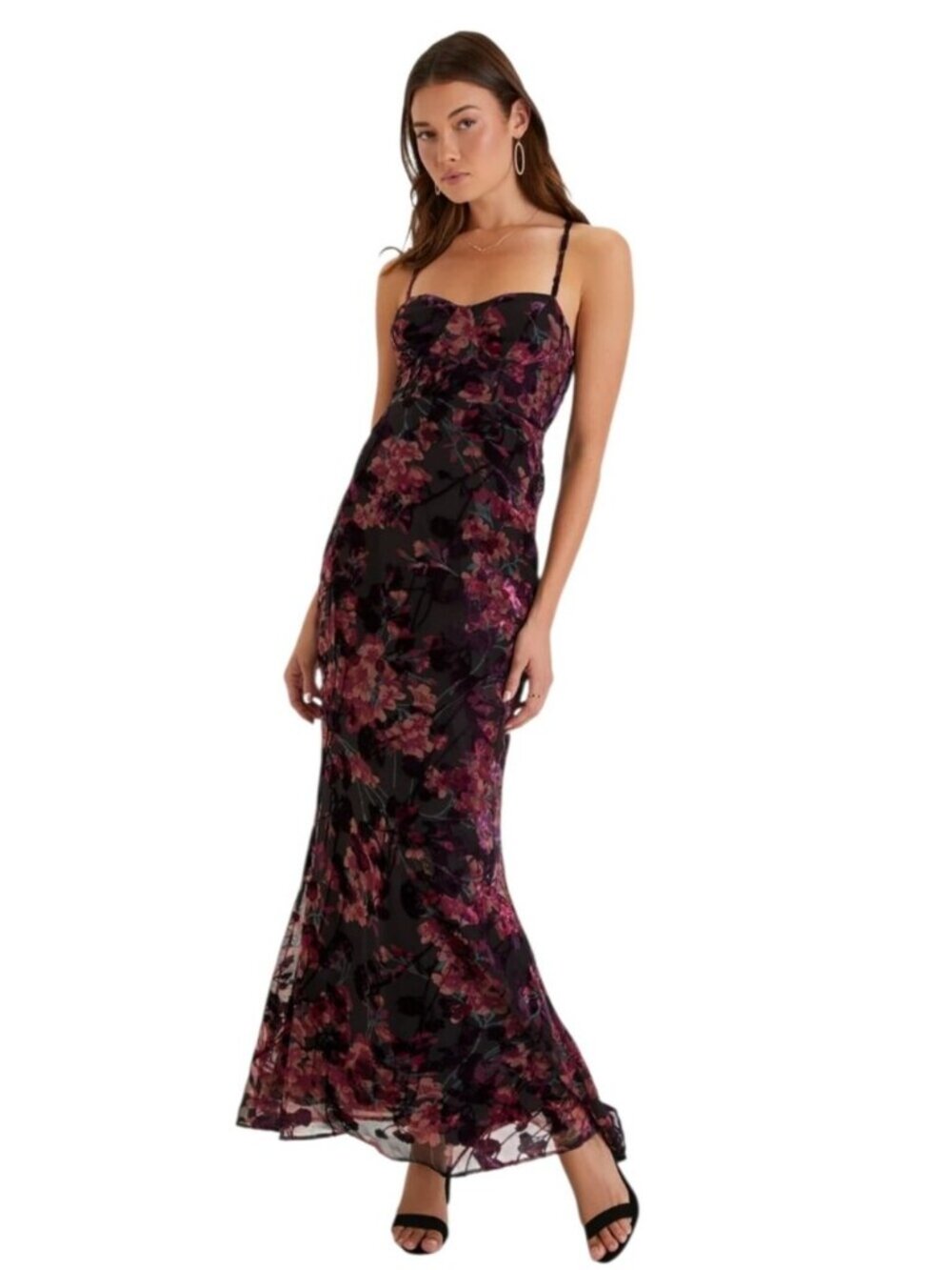 NWT Lulu's Dramatically Elegant Black Floral Velvet Mermaid Maxi Dress